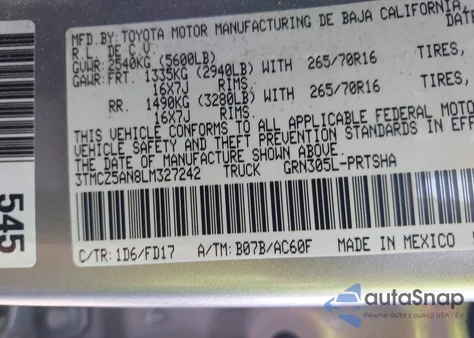 2020 Toyota Tacoma Trd Off-Road from USA, damaged, VIN 3TMCZ5AN8LM327242